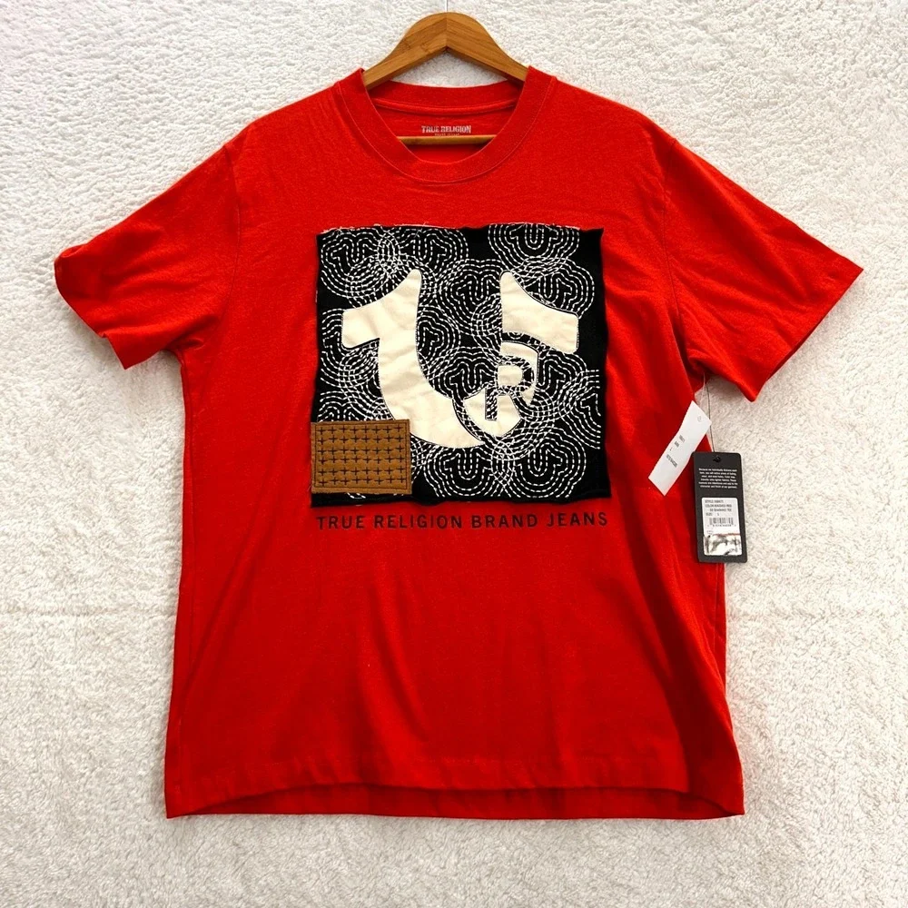 New True‎ Religion Tee Men's Large Red Sashiko  Crewneck Graphic